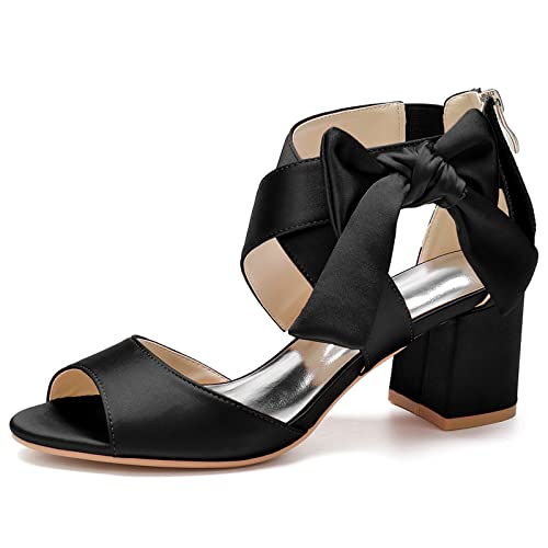 Damen Blockabsatz Braut Sandalen Satin Schleifen Offene Spitze Hochzeit Brautjungfer Kleid Schuhe,Schwarz,39 EU von HUIBAOGONG