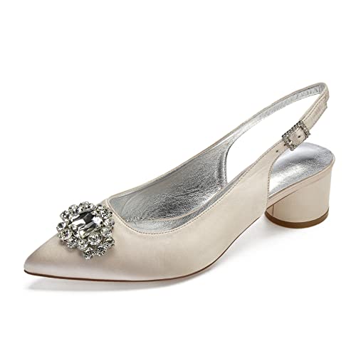 Damen Ivory Satin Strass Blockabsatz Brautschuhe Slingback Pumps Sandalen Geschlossene Zehen Hochzeitschuhe,Champagne,40 EU von HUIBAOGONG