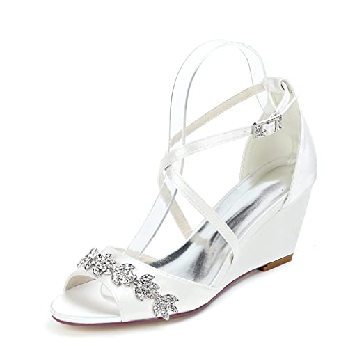 Damen Knöchelriemen Braut Sandalen Keilabsatz Offene Zehen Strass Satin Abend Hochzeitsschuhe,Weiß,38 EU von HUIBAOGONG