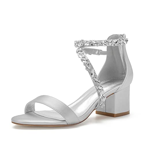 Damen Sandalen mit Knöchelriemen und offenem Zehenbereich Satin Strass Blockabsatz Hochzeit Braut Kleidschuhe,Silber,40 EU von HUIBAOGONG