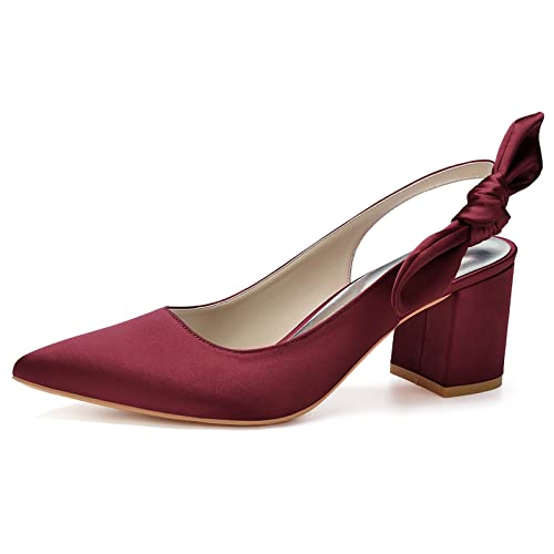 Damen Slingback Hochzeit Pumps Blockabsatz Satin Spitze Zehen Braut Abendschuhe,Burgundy,38 EU von HUIBAOGONG