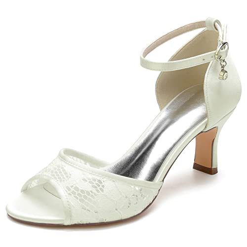 Damen Spitze Hochzeitsschuhe Knöchelriemen Peeptoe Party Brautschuhe 6,5 cm Mid Heel Sandalen,Elfenbein,42 EU von HUIBAOGONG