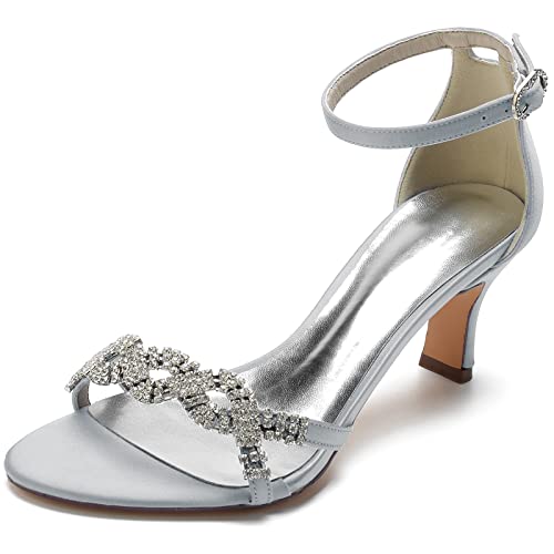 Damen Stöckelabsatz Braut Hochzeit Sandals Mit Knöchelschnalle Offener Spitze Prom Party Brautjungfern Abendschuhe,Silber,43 EU von HUIBAOGONG