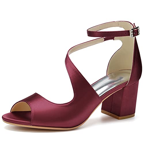 Frauen Blockabsatz Brautschuhe Knöchelriemen Offene Zehen Hochzeitsschuhe Satin Abend Party Schuhe,Burgundy,39 EU von HUIBAOGONG