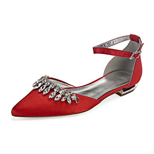 Frauen Niedrige Ferse Pumps Spitzen Zehe Hochzeitsschuhe Satin Strass Brautschuhe mit Knöchelriemen,Rot,36 EU von HUIBAOGONG