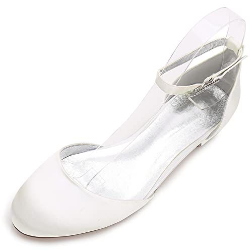 Frauen Runde Zehe Flache Hochzeitsschuhe Knöchelriemen Ballerinas Satin Geschlossene Zehe Brautschuhe,Elfenbein,44 EU von HUIBAOGONG