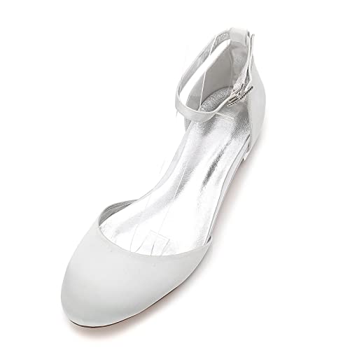 Frauen Runde Zehe Flache Hochzeitsschuhe Knöchelriemen Ballerinas Satin Geschlossene Zehe Brautschuhe,Silber,44 EU von HUIBAOGONG