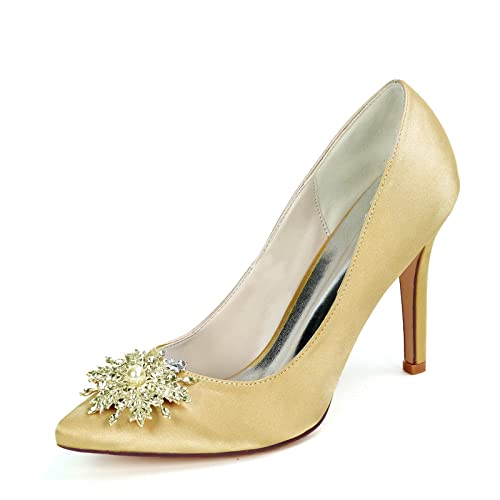 Frauen Stiletto High Heel -Kleid Pumps Satin Slip auf Spitzschuh Braut Hochzeit Abend Partyschuhe mit Strass,Gold,39 EU von HUIBAOGONG