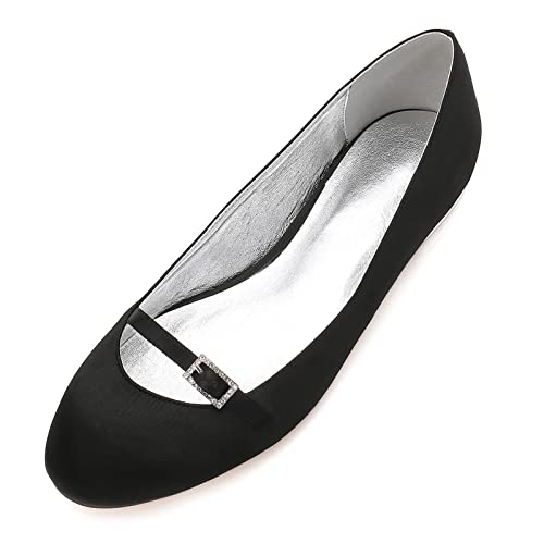 HUIBAOGONG Damen Flache Brautschuhe Runde Zehen Ballerinas Mit Strass Satin Slip auf Kleid Hochzeitsschuhe,Schwarz,44 EU von HUIBAOGONG