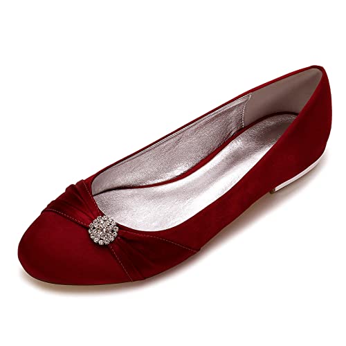 HUIBAOGONG Damen Flache Brautschuhe Runde Zehen Ballerinas Mit Strass Satin Slip on Kleid Hochzeitsschuhe,Burgundy,44 EU von HUIBAOGONG