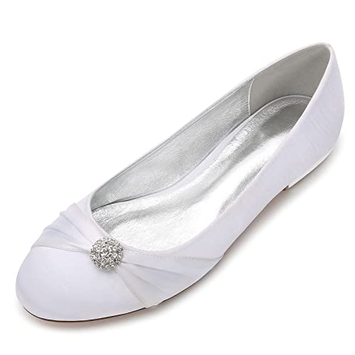 HUIBAOGONG Damen Flache Brautschuhe Runde Zehen Ballerinas Mit Strass Satin Slip on Kleid Hochzeitsschuhe,Weiß,41 EU von HUIBAOGONG