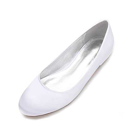 HUIBAOGONG Damen Flache Hochzeitsschuhe Hineinschlüpfen Ballerinas Runde Zehe Brautschuhe Brautjungfer Schuhe,Weiß,44 EU von HUIBAOGONG