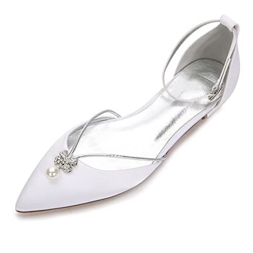 HUIBAOGONG Damen Flache Hochzeitsschuhe Knöchelriemen Ballerinas Spitze Zehen Satin Perles Party Brautschuhe,Weiß,42 EU von HUIBAOGONG