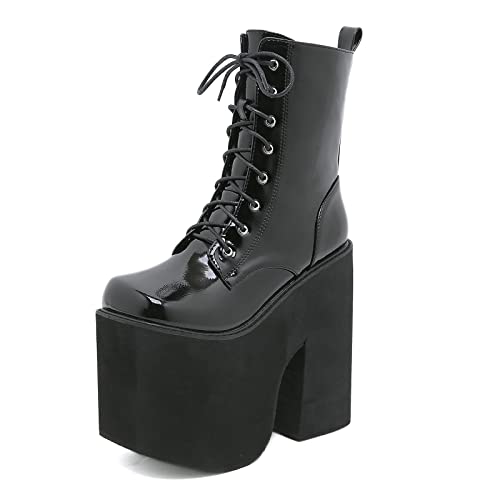 HUIBAOGONG Damen Kampf Stiefeletten Mit Plateau Runder Zehenbereich Reißverschluss Punk Gothic Stiefeletten Ketten Blockasbsatz Schnürstiefel,Schwarz,43 EU von HUIBAOGONG