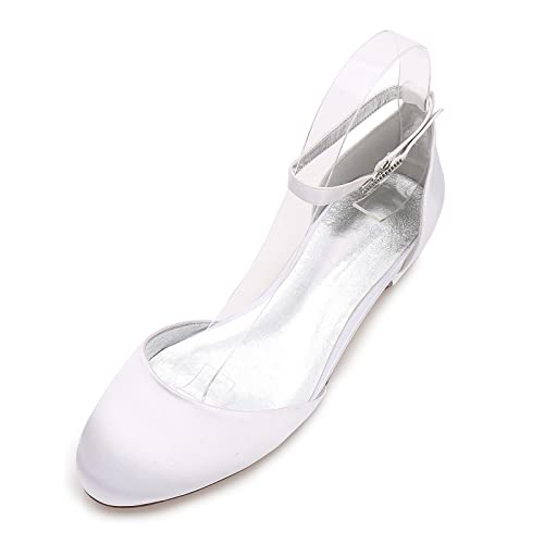 HUIBAOGONG Damen Runde Zehen Flache Hochzeitsschuhe Knöchelriemen Ballerinas Geschlossene Zehe Satin Party Brautschuhe,Weiß,38 EU von HUIBAOGONG