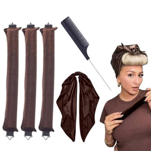 2/3-teiliger hitzefreier Lockenwickler mit quadratischem Handtuch und spitzem Schwanzkamm, Satin-Heatless-Locken-Blowout-Stangen über Nacht, elastische Locken über Nacht für langes Haar, kurzes von HUIIUH