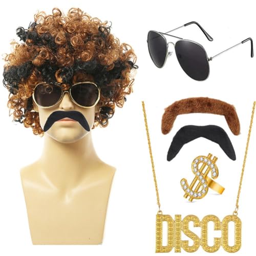 Afro-Perücke für Herren, 6-teiliges Set, braun, schwarz, Reverse Curl, Stiefbrüder, Halloween-Disco-Kostüm-Set, mit Sonnenbrille + Bart + Ring + Disco-Halskette für 70er-Jahre-Kostüm, von HUIIUH