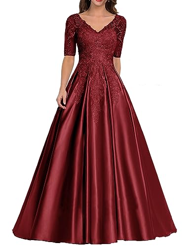 Abendkleid Satin Lang Ballkleid Hochzeitskleid für Damen A-Linie Spitzen Hochzeitsgast Kleid V-Ausschnitt Burgund 40 von HUINI