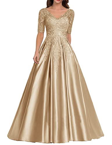 Abendkleid Satin Lang Ballkleid Hochzeitskleid für Damen A-Linie Spitzen Hochzeitsgast Kleid V-Ausschnitt Champagner 46 von HUINI