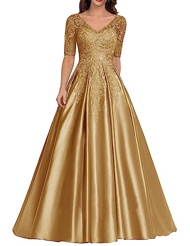 Abendkleid Satin Lang Ballkleid Hochzeitskleid für Damen A-Linie Spitzen Hochzeitsgast Kleid V-Ausschnitt Gold 56 von HUINI