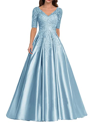 Abendkleid Satin Lang Ballkleid Hochzeitskleid für Damen A-Linie Spitzen Hochzeitsgast Kleid V-Ausschnitt Hellblau 46 von HUINI