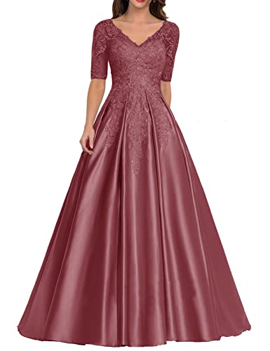 Abendkleid Satin Lang Ballkleid Hochzeitskleid für Damen A-Linie Spitzen Hochzeitsgast Kleid V-Ausschnitt Himbeere 46 von HUINI