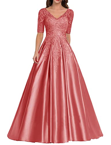 Abendkleid Satin Lang Ballkleid Hochzeitskleid für Damen A-Linie Spitzen Hochzeitsgast Kleid V-Ausschnitt Koralle 46 von HUINI