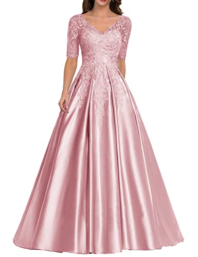 Abendkleid Satin Lang Ballkleid Hochzeitskleid für Damen A-Linie Spitzen Hochzeitsgast Kleid V-Ausschnitt Rosa 34 von HUINI