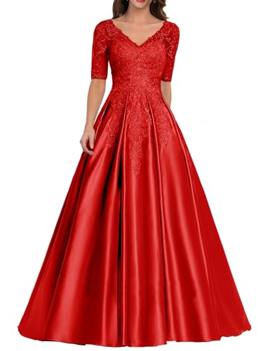 Abendkleid Satin Lang Ballkleid Hochzeitskleid für Damen A-Linie Spitzen Hochzeitsgast Kleid V-Ausschnitt Rot 46 von HUINI