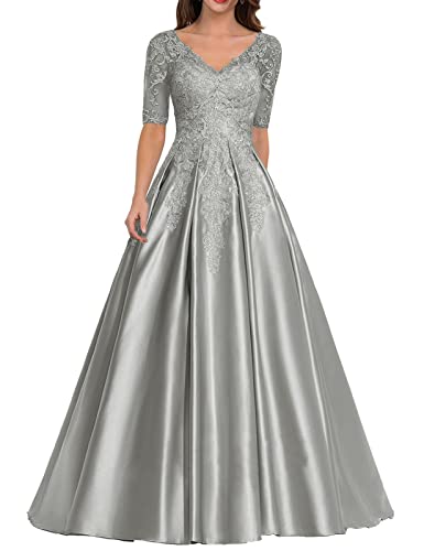 Abendkleid Satin Lang Ballkleid Hochzeitskleid für Damen A-Linie Spitzen Hochzeitsgast Kleid V-Ausschnitt Silber 46 von HUINI