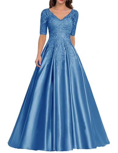 Abendkleid Satin Lang Mutter der Braut Kleider V-Ausschnitt Spitze Applique Ballkleid A-Linie Hochzeitsgast Kleid Blau 42 von HUINI