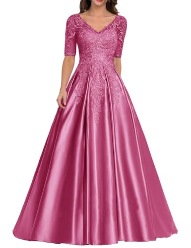 Abendkleid Satin Lang Mutter der Braut Kleider V-Ausschnitt Spitze Applique Ballkleid A-Linie Hochzeitsgast Kleid Fuchsia 44 von HUINI