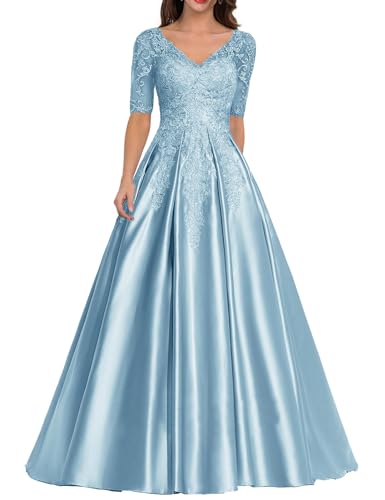 Abendkleid Satin Lang Mutter der Braut Kleider V-Ausschnitt Spitze Applique Ballkleid A-Linie Hochzeitsgast Kleid Himmelblau 38 von HUINI