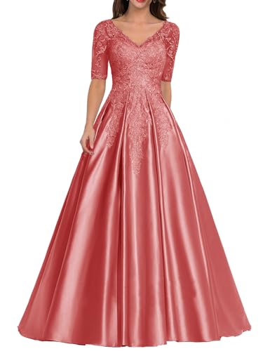 Abendkleid Satin Lang Mutter der Braut Kleider V-Ausschnitt Spitze Applique Ballkleid A-Linie Hochzeitsgast Kleid Koralle 44 von HUINI