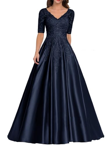 Abendkleid Satin Lang Mutter der Braut Kleider V-Ausschnitt Spitze Applique Ballkleid A-Linie Hochzeitsgast Kleid Marineblau 44 von HUINI