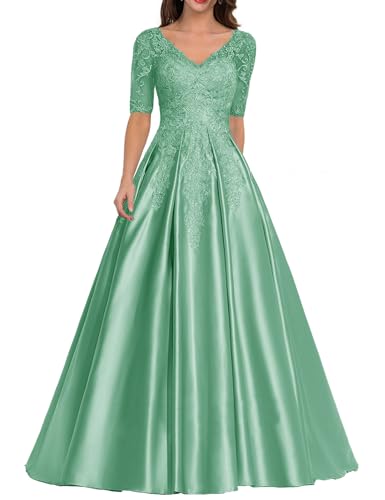 Abendkleid Satin Lang Mutter der Braut Kleider V-Ausschnitt Spitze Applique Ballkleid A-Linie Hochzeitsgast Kleid Minze 44 Abendkleid Satin Lang Mutter der Braut Kleider V-Ausschnitt Spitze Applique Ballkleid A-Linie Hochzeitsgast Kleid Minze 44 von HUINI