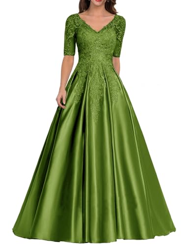 Abendkleid Satin Lang Mutter der Braut Kleider V-Ausschnitt Spitze Applique Ballkleid A-Linie Hochzeitsgast Kleid Olive 42 von HUINI