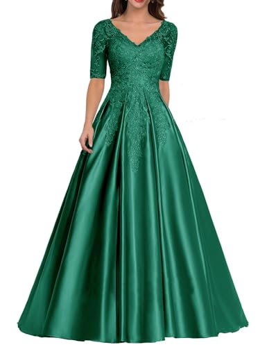 Abendkleid Satin Lang Mutter der Braut Kleider V-Ausschnitt Spitze Applique Ballkleid A-Linie Hochzeitsgast Kleid Pfau 48 von HUINI