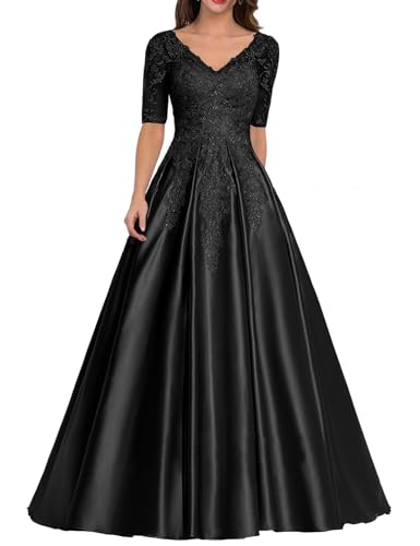 Abendkleid Satin Lang Mutter der Braut Kleider V-Ausschnitt Spitze Applique Ballkleid A-Linie Hochzeitsgast Kleid Schwarz 34 von HUINI