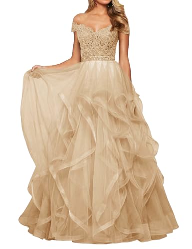 Abendkleid Tüll Lang Damen Spitzen Ballkleid Schulterfrei A-Linie Prinzessin Abschluss Ballkleider V-Ausschnitt Champagner 32 von HUINI