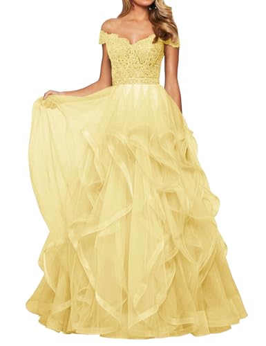 Abendkleid Tüll Lang Damen Spitzen Ballkleid Schulterfrei A-Linie Prinzessin Abschluss Ballkleider V-Ausschnitt Elfenbeingelb 38 von HUINI