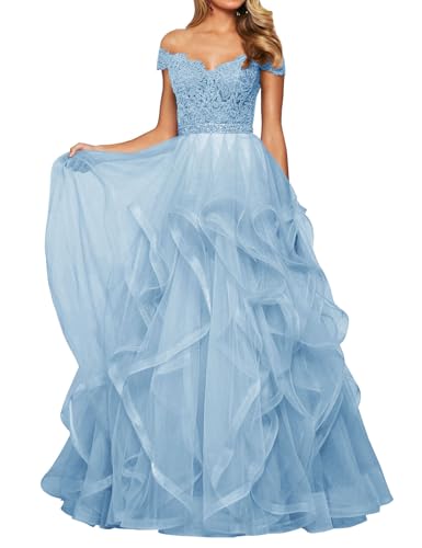 Abendkleid Tüll Lang Damen Spitzen Ballkleid Schulterfrei A-Linie Prinzessin Abschluss Ballkleider V-Ausschnitt Himmelblau 38 von HUINI