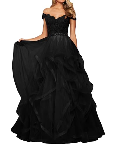 Abendkleid Tüll Lang Damen Spitzen Ballkleid Schulterfrei A-Linie Prinzessin Abschluss Ballkleider V-Ausschnitt Schwarz 40 von HUINI