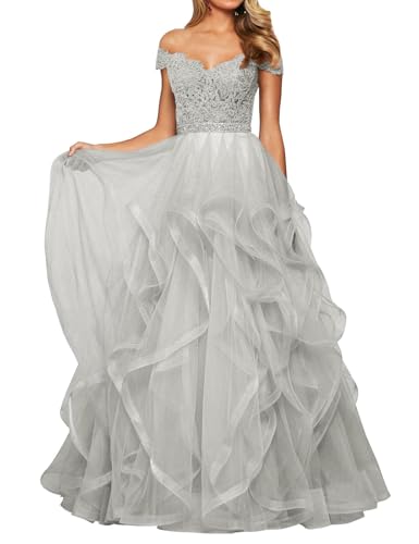Abendkleid Tüll Lang Damen Spitzen Ballkleid Schulterfrei A-Linie Prinzessin Abschluss Ballkleider V-Ausschnitt Silber Grau 38 von HUINI