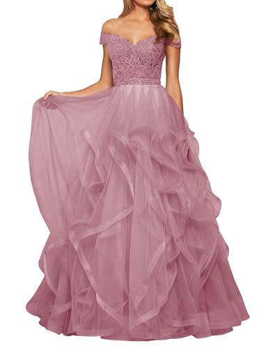 Abendkleid Tüll Lang Damen Spitzen Ballkleid Schulterfrei A-Linie Prinzessin Abschluss Ballkleider V-Ausschnitt Staubige Rose 42 von HUINI