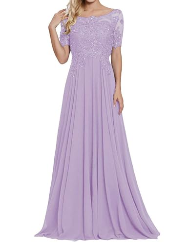 Abendkleider Damen Spitze Lang Mutter der Braut Kleider Chiffon A-Linie Hochzeit Partykleid mit Ärmeln Flieder 40 von HUINI