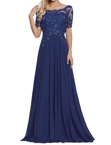 Abendkleider Damen Spitze Lang Mutter der Braut Kleider Chiffon A-Linie Hochzeit Partykleid mit Ärmeln Tiefblau 48 von HUINI