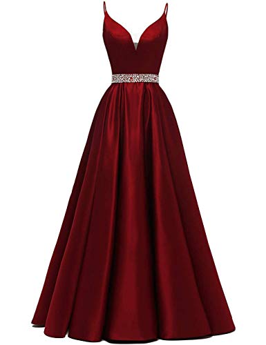 Abendkleider Lang A-Linie Ballkleid Brautkleid Prinzessin Cocktailkleid Satin V-Ausschnitt Partykleid Festkleider Burgund 32 von HUINI