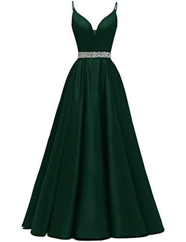 Abendkleider Lang A-Linie Ballkleid Brautkleid Prinzessin Cocktailkleid Satin V-Ausschnitt Partykleid Festkleider Dunkel grün 40 von HUINI