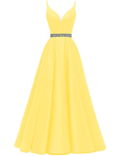 Abendkleider Lang A-Linie Ballkleid Brautkleid Prinzessin Cocktailkleid Satin V-Ausschnitt Partykleid Festkleider Gelb 38 von HUINI